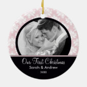 Roze & Black Damask Foto Eerste kerstversiering Keramisch Ornament (Achterkant)