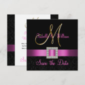 Roze Black Damask Gold Initiaal Save the Date (Voorkant / Achterkant)