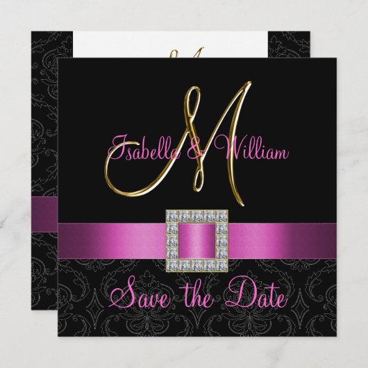 Roze Black Damask Gold Initiaal Save the Date (Voorkant / Achterkant)