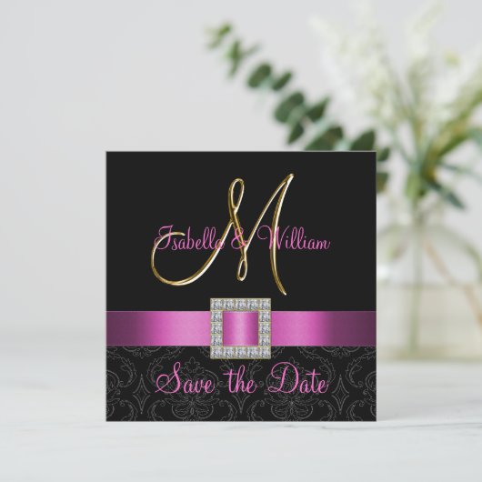 Roze Black Damask Gold Initiaal Save the Date (Staand voorkant)