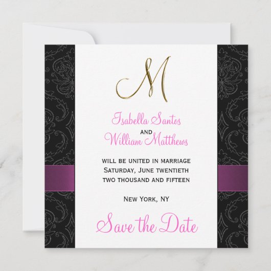 Roze Black Damask Gold Initiaal Save the Date (Achterkant)