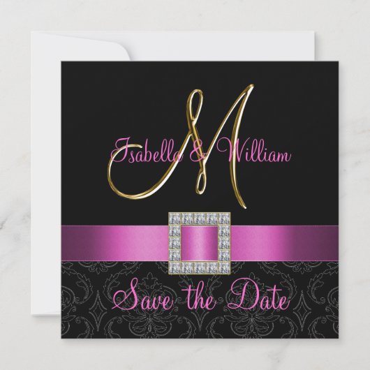 Roze Black Damask Gold Initiaal Save the Date (Voorkant)