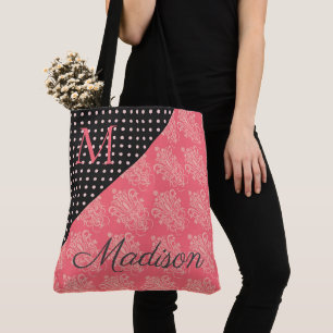 Roze Black Damask Monogram Trendy Stippen Girly Na Tote Bag