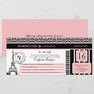 Roze Black Damask Paris Birthday Boarding Pass Kaart
