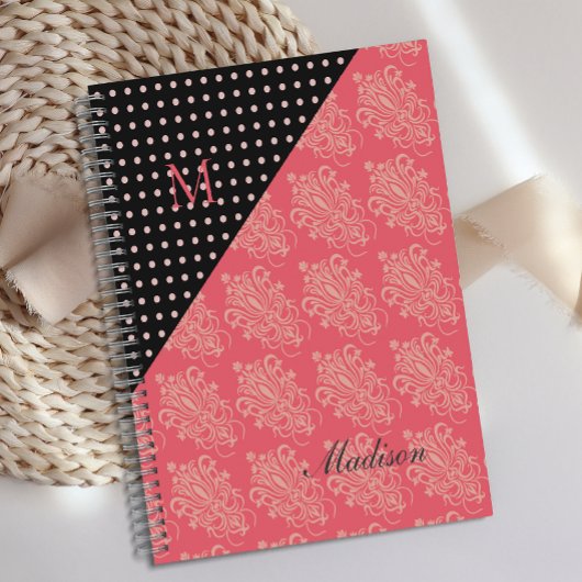Roze Black Damask Stippen Girly Trendy Monogram Planner