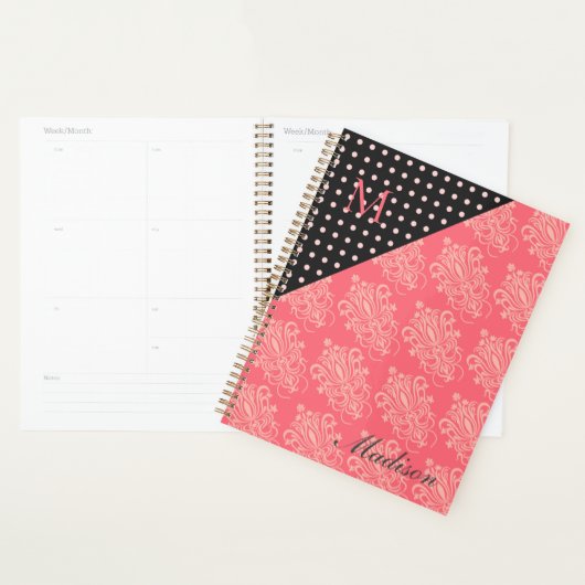 Roze Black Damask Stippen Girly Trendy Monogram Planner (Display)