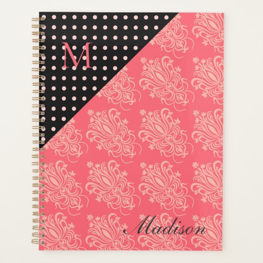 Roze Black Damask Stippen Girly Trendy Monogram Planner (Voorkant)