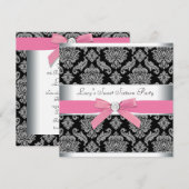 Roze Black Damask Sweet 16 Birthday Party Kaart (Voorkant / Achterkant)