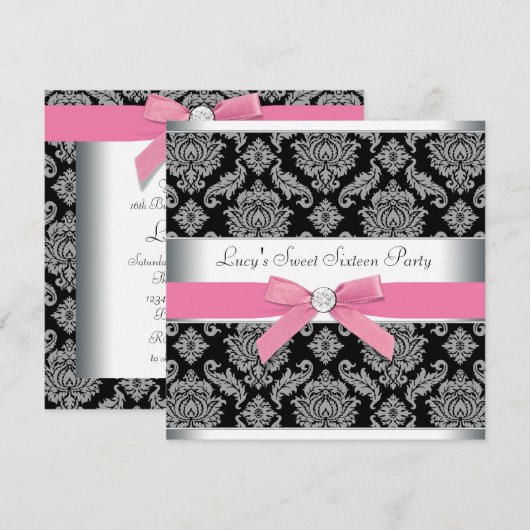 Roze Black Damask Sweet 16 Birthday Party Kaart (Voorkant / Achterkant)