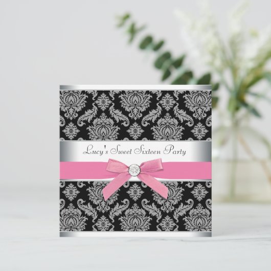 Roze Black Damask Sweet 16 Birthday Party Kaart (Staand voorkant)