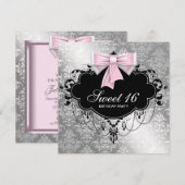 Roze Black Damask Sweet 16 Birthday Party Kaart (Voorkant / Achterkant)