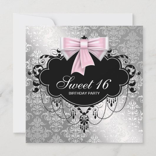 Roze Black Damask Sweet 16 Birthday Party Kaart (Voorkant)
