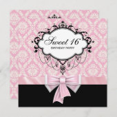 Roze Black Damask Sweet 16 Birthday Party Kaart (Voorkant / Achterkant)