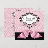 Roze Black Damask Sweet 16 Birthday Party Kaart (Voorkant / Achterkant)