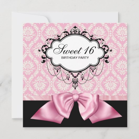 Roze Black Damask Sweet 16 Birthday Party Kaart (Voorkant)