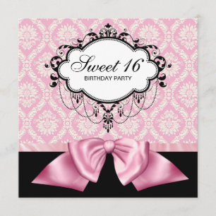 Roze Black Damask Sweet 16 Birthday Party Kaart