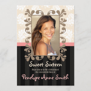 Roze Black Damask Sweet Sixteen foto-invitaties Kaart