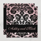 Roze Black Floral Damask Wedding Invitation Kaart (Voorkant / Achterkant)