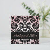 Roze Black Floral Damask Wedding Invitation Kaart (Staand voorkant)