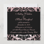 Roze Black Floral Damask Wedding Invitation Kaart (Achterkant)