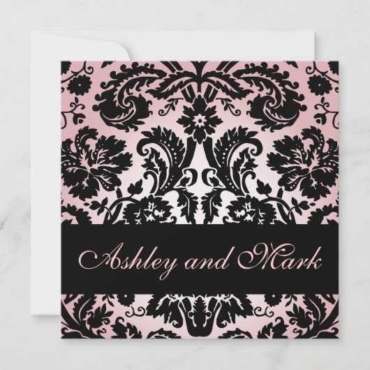 Roze Black Floral Damask Wedding Invitation Kaart (Voorkant)