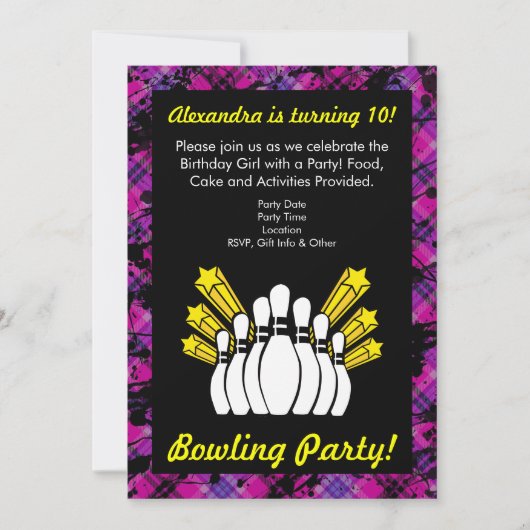 Roze, Black Girl Bowling Birthday Party Invitation Kaart (Voorkant)
