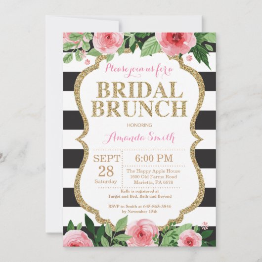 Roze Black Gold Bridal Brunch Invitation Floral Kaart (Voorkant)