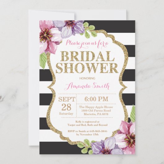 Roze Black Gold Bridal Shower Invitation Floral Kaart (Voorkant)