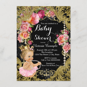 Roze Black Gold Chintz Roos Pearl Baby shower Kaart