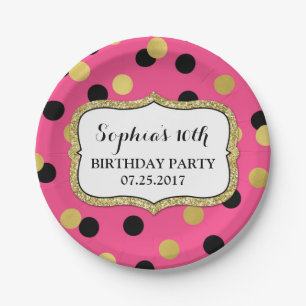 Roze Black Gold Confetti Birthday Party Bord