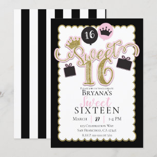 Roze Black Gold Sweet 16 Striped Birthday Party Kaart