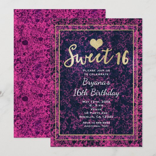 Roze & Black Gold Sweet 16 Uitnodiging van moderne (Voorkant / Achterkant)