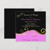 Roze Black Gold Swirl Sweet 16 Party Invitation Kaart (Voorkant / Achterkant)