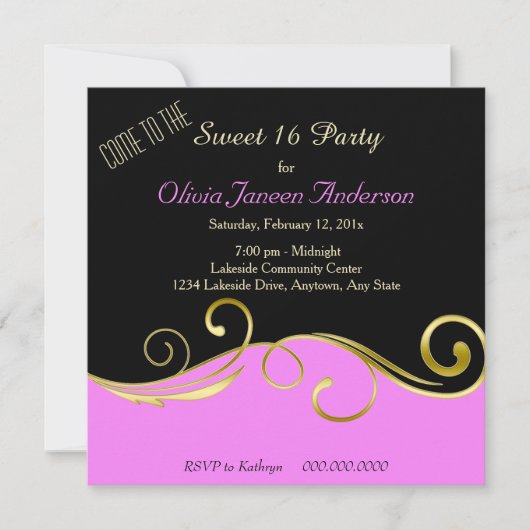 Roze Black Gold Swirl Sweet 16 Party Invitation Kaart (Voorkant)