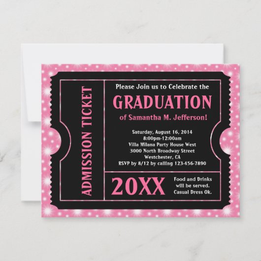 Roze Black Graduation Party Ticket Invitation Kaart (Voorkant)
