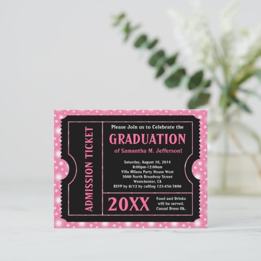 Roze Black Graduation Party Ticket Invitation Kaart (Staand voorkant)