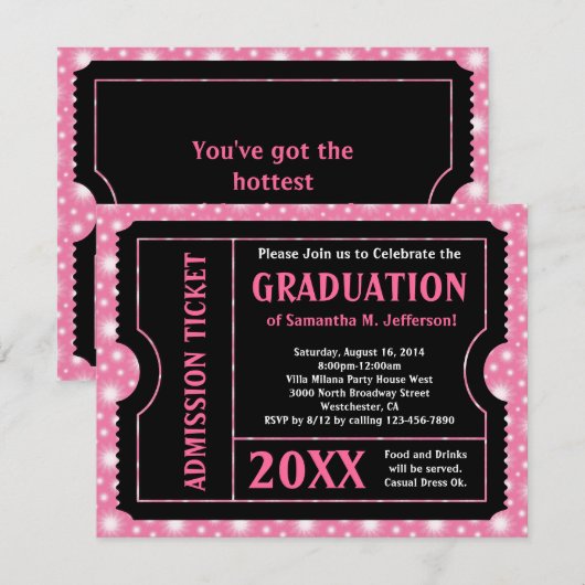 Roze Black Graduation Party Ticket Invitation Kaart (Voorkant / Achterkant)