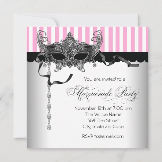 Roze Black Masquerade Party Uitnodigingen (Achterkant)