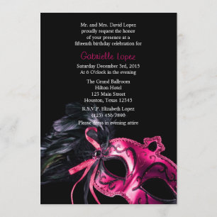 Roze Black Masquerade Quinceanera Ball Invitation Kaart