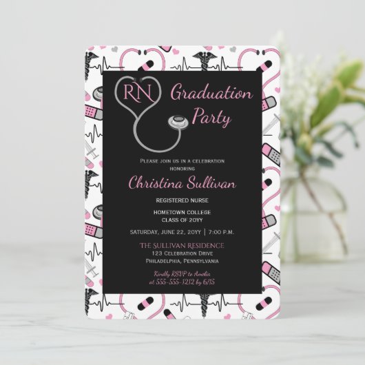 Roze | Black Medical Nurse Graduation Party Kaart (Staand voorkant)