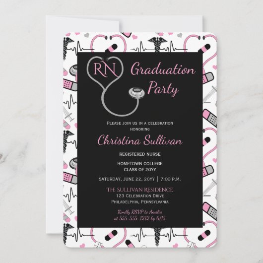 Roze | Black Medical Nurse Graduation Party Kaart (Voorkant)