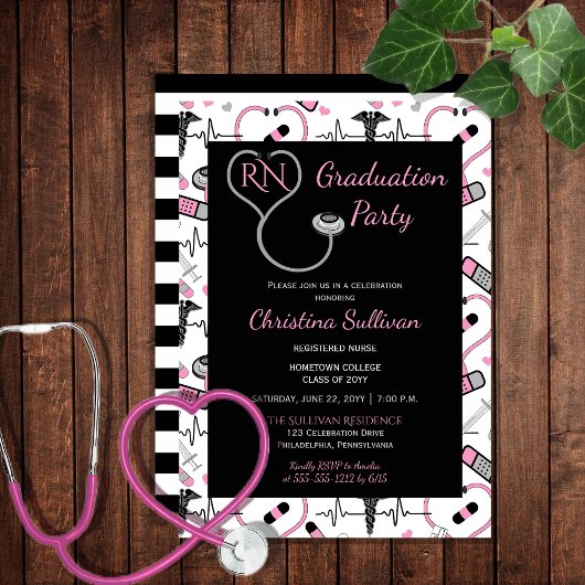Roze | Black Medical Nurse Graduation Party Kaart