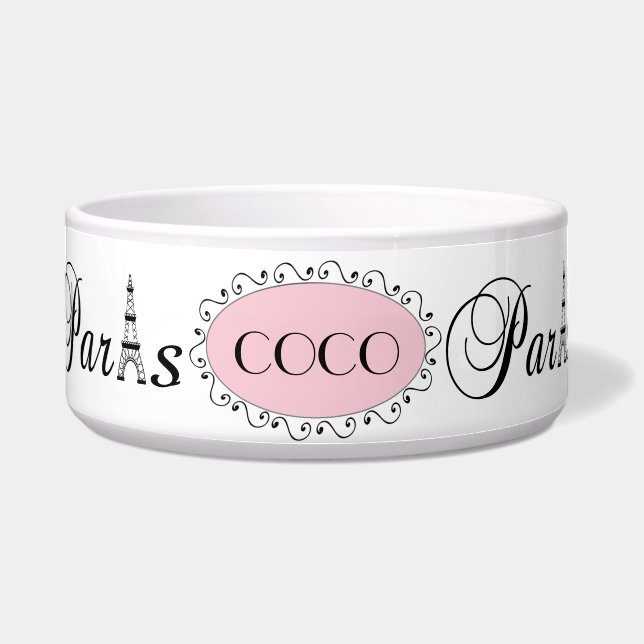 Roze Black Paris Eiffel Tower Name Dog Pet Bowl Voerbakje (Voorkant)