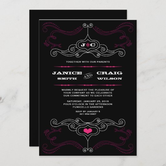 Roze & Black Rock 'n' Roll Music Thed Wedding Kaart (Voorkant / Achterkant)