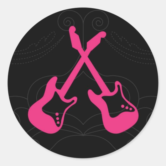 Roze & Black Rock 'n' Roll Music Thed Wedding Ronde Sticker (Voorkant)