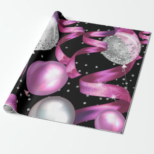 Roze Black Silver Glitter Sweet 16 Birthday Party Cadeaupapier