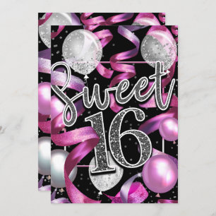 Roze Black Silver Glitter Sweet 16 Birthday Party Kaart