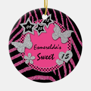 Roze Black Silver Zebra Sweet 15 Photo Ornament