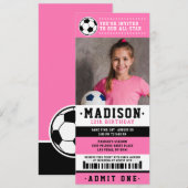 Roze Black Soccer Ticket Birthday Party foto Kaart (Voorkant / Achterkant)