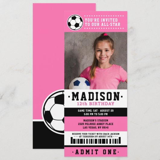 Roze Black Soccer Ticket Birthday Party foto Kaart (Voorkant / Achterkant)